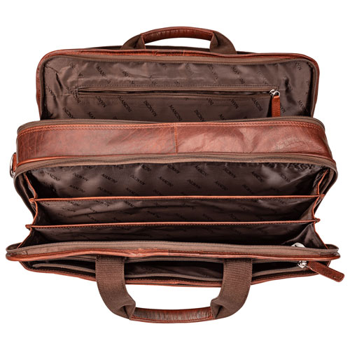 Mancini Buffalo 15.6" Double-Compartment Top-Zipper Laptop Briefcase Bag - Brown