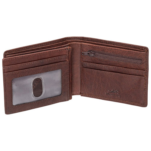 Mancini Buffalo RFID Genuine Leather Wallet with Zippered Coin Pocket - Brown
