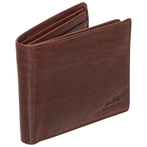 Mancini Buffalo RFID Genuine Leather Bi-fold Center Wing Wallet - Brown