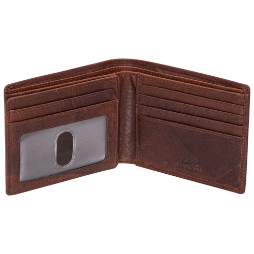 Mancini Buffalo RFID Genuine Leather Bi-fold Center Wing Wallet - Brown