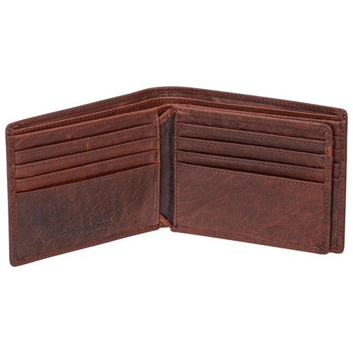 Mancini Buffalo RFID Genuine Leather Bi-fold Center Wing Wallet - Brown