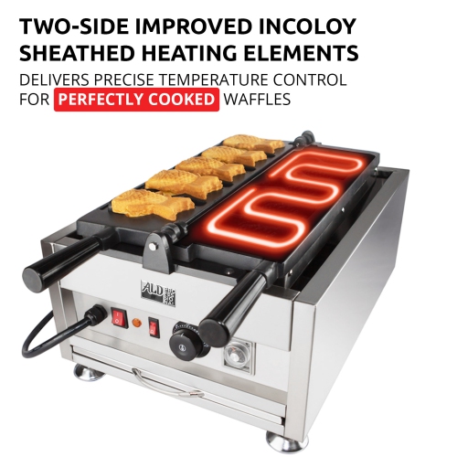 AP-209 Taiyaki Fish Waffle Maker | Open-Mouth Fish Shaped Waffle Iron | 5 Fish Shaped Ice Cream Cones | 110V