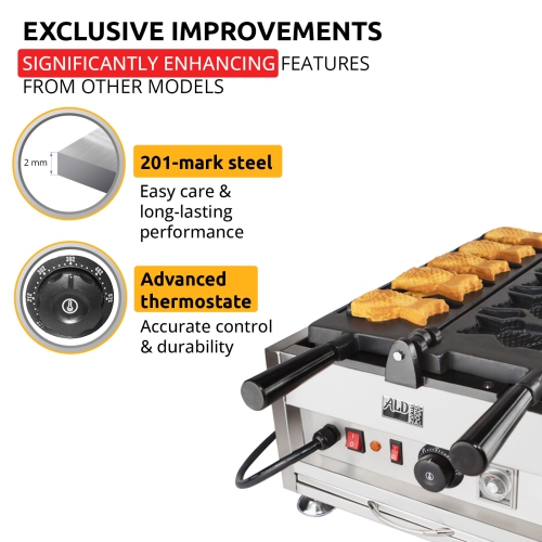 AP-209 Taiyaki Fish Waffle Maker | Open-Mouth Fish Shaped Waffle Iron | 5 Fish Shaped Ice Cream Cones | 110V
