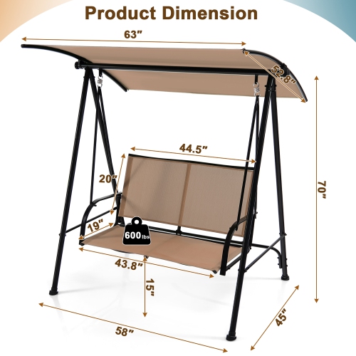 Costway 2-Seat Patio Swing Porch Swing with Adjustable Canopy for Garden