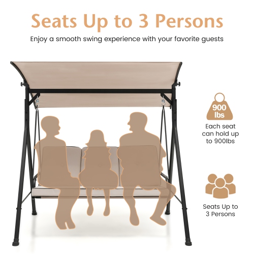 Chaise-hamac pour 3&nbsp;personnes Balancelle de patio avec auvent réglable de Costway, coussin amovible