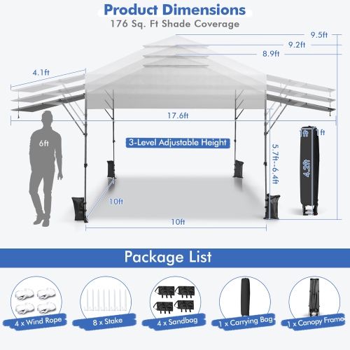 Costway 10'x17.6'Outdoor Instant Pop-up Canopy Tent Dual Half Awnings Adjust Patio