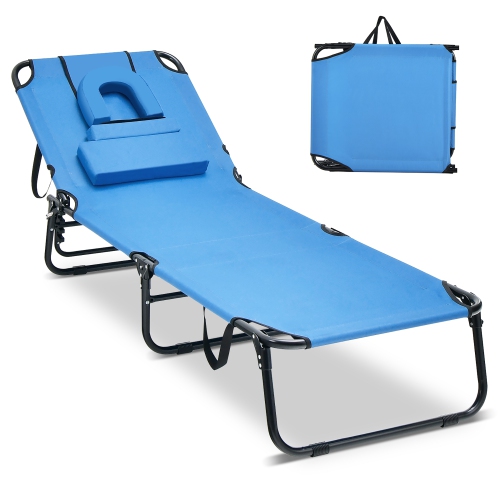 Costway Beach Chaise Lounge Chair with Face Hole Pillows & 5-Position Adjustable Backrest