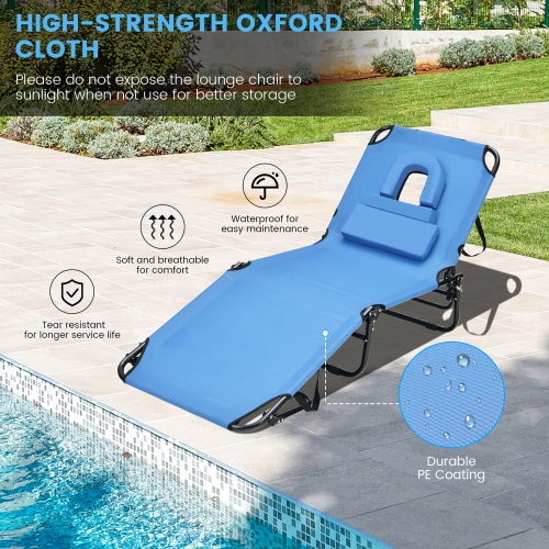 Costway Beach Chaise Lounge Chair with Face Hole Pillows & 5-Position Adjustable Backrest