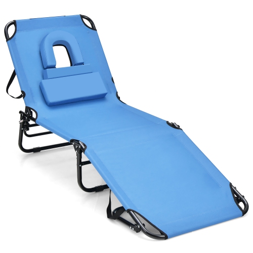 Costway Beach Chaise Lounge Chair with Face Hole Pillows & 5-Position Adjustable Backrest