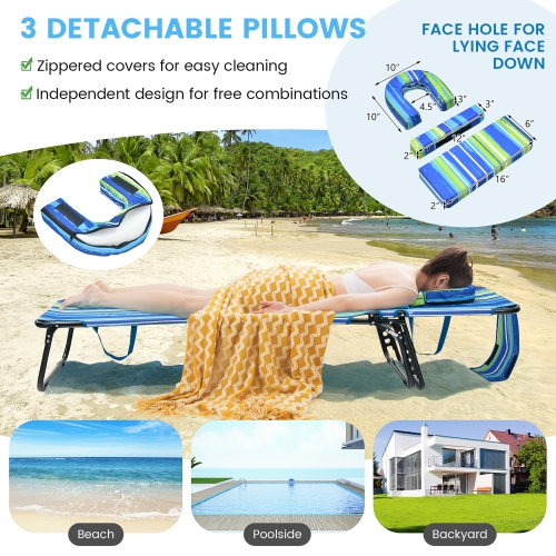 Costway 2 PCS Beach Chaise Lounge Chair with Face Hole Pillows & Adjustable Backrest