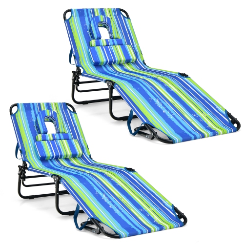 Costway 2 PCS Beach Chaise Lounge Chair with Face Hole Pillows & Adjustable Backrest