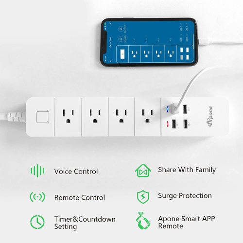 Apone Smart Plug Power Strip Surge Protector with USB Ports, Compatible with Alexa & Google Home, No Hub Required