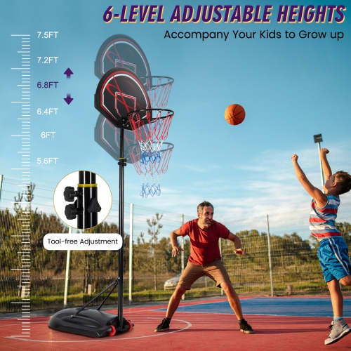 Costway 5.6-7.5FT Height Adjustable Basketball Hoop System Stand W/Wheels Adults & Youth