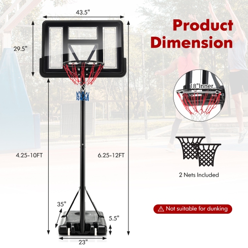 Costway 4.25-10FT Portable Adjustable Basketball Hoop System with 44" Backboard 2 Nets