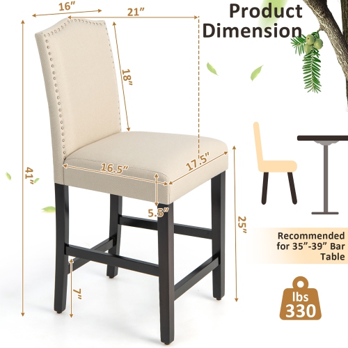 Costway Set of 2 Upholstered Bar stools 25" Counter Height Chairs with Rubber Wood Legs