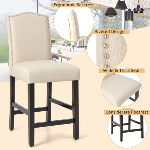 Costway Set of 2 Upholstered Bar stools 25" Counter Height Chairs with Rubber Wood Legs