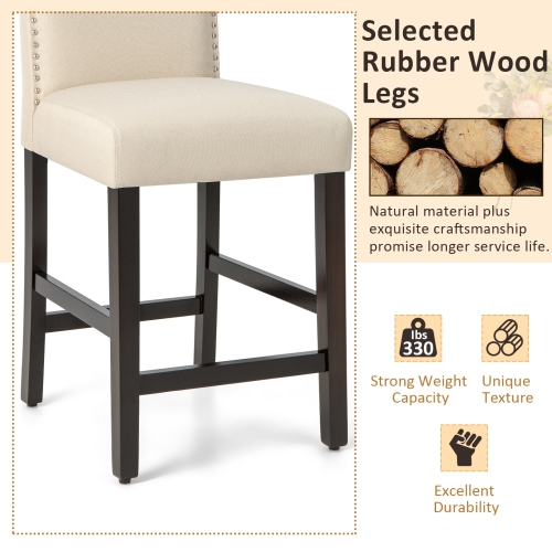 Costway Set of 2 Upholstered Bar stools 25" Counter Height Chairs with Rubber Wood Legs