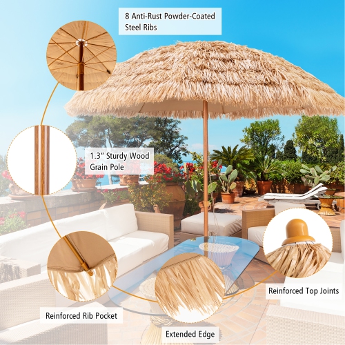 Costway 8 FT Patio Thatched Tiki Umbrella 8 Ribs Portable Hawaiian Hula Beach