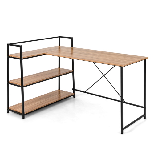 Costway Reversible L Shaped Computer Desk Corner Workstation with 3-Tier Open Shelf