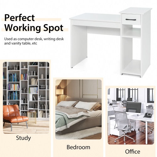 Costway Home Office Computer Desk White Study Desk Laptop Table with Drawer & Storage Shelf