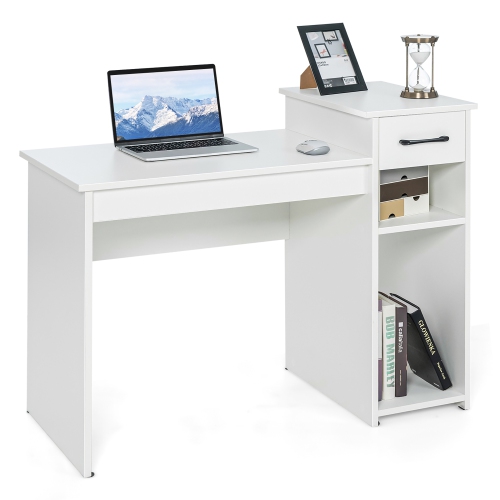 Costway Home Office Computer Desk White Study Desk Laptop Table with Drawer & Storage Shelf