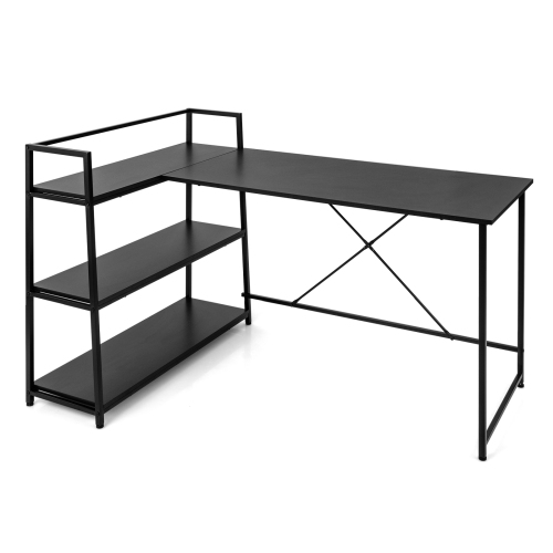 Costway Reversible L Shaped Computer Desk Corner Workstation with 3-Tier Open Shelf