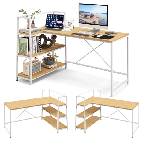 COSTWAY  Reversible L Shaped Computer Desk Corner Workstation With 3-Tier Open Shelf