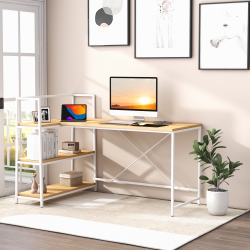 Costway Reversible L Shaped Computer Desk Corner Workstation with 3-Tier Open Shelf