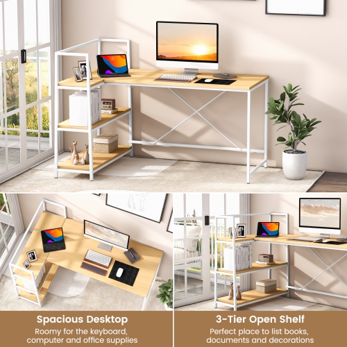 Costway Reversible L Shaped Computer Desk Corner Workstation with 3-Tier Open Shelf