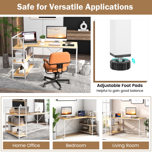 Costway Reversible L Shaped Computer Desk Corner Workstation with 3-Tier Open Shelf