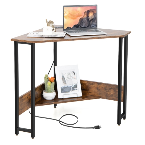 Costway Triangle Computer Desk Corner Desk Home Office w/Power Outlets USB Ports