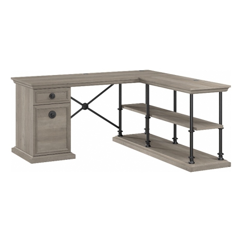 BUSH  Coliseum L Shaped Desk With Storage In Driftwood - Engineered Wood In Gray I wish I had just ordered the single desk but I do love the look of the shelves and accent hardware