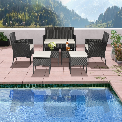 COSTWAY  7PCs Patio Rattan Sofa Furniture Set Table Ottoman Metal Cushioned Outdoor Pool