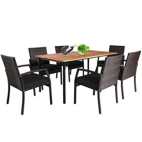 Image 1 de 9.. Ensemble de patio de 7 pièces avec table à manger en rotin et trou pour parasol de Costway