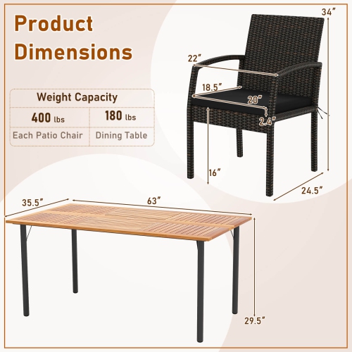 Ensemble de patio de 7 pièces avec table à manger en rotin et trou pour parasol de Costway