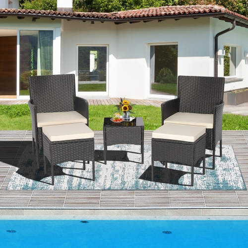 COSTWAY  5PCs Patio Rattan Furniture Set Cushioned Sofa Ottoman Armrest Side Table Garden