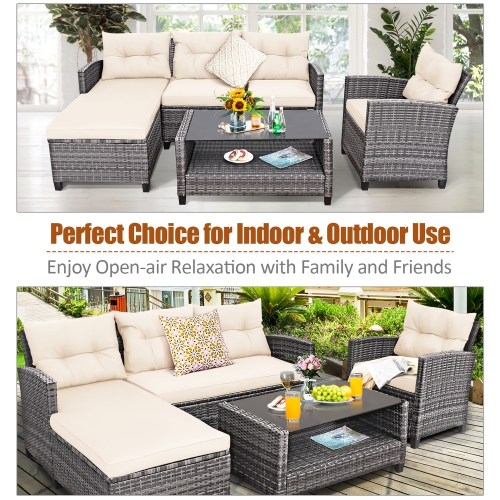 Costway 4PCS Patio Rattan Furniture Set Sofa Ottoman Cushion Garden Deck