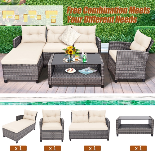 Costway 4PCS Patio Rattan Furniture Set Sofa Ottoman Cushion Garden Deck