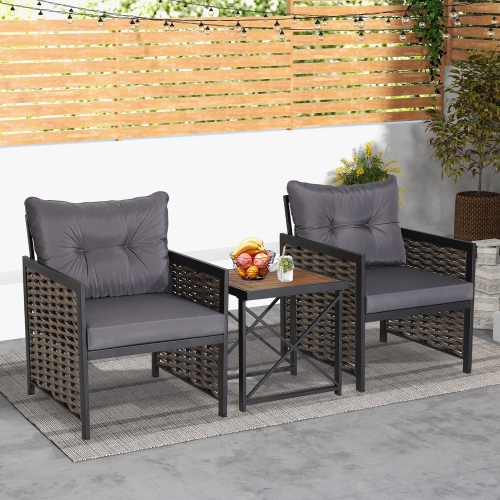 Costway 3 PCS Patio Rattan Furniture Set Acacia Wood Coffee Table & 2 Chairs Backyard