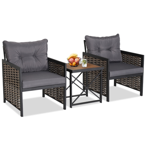 Costway 3 PCS Patio Rattan Furniture Set Acacia Wood Coffee Table & 2 Chairs Backyard