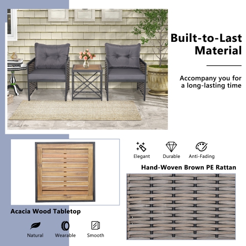 Costway 3 PCS Patio Rattan Furniture Set Acacia Wood Coffee Table & 2 Chairs Backyard