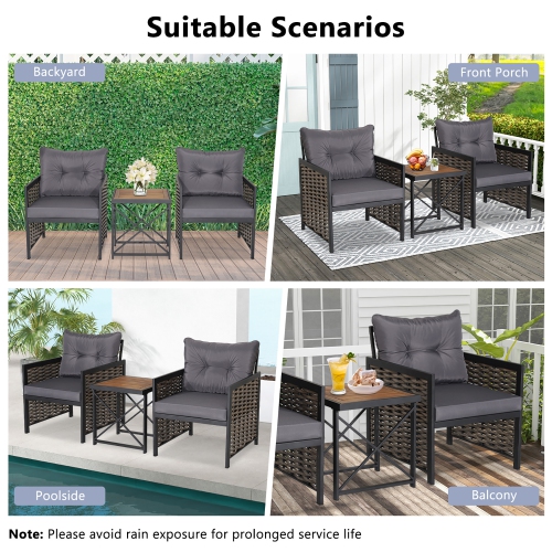 Costway 3 PCS Patio Rattan Furniture Set Acacia Wood Coffee Table & 2 Chairs Backyard