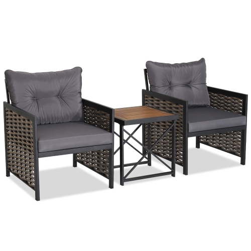 Costway 3 PCS Patio Rattan Furniture Set Acacia Wood Coffee Table & 2 Chairs Backyard