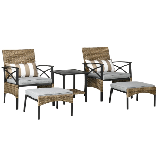 OUTSUNNY  5 Piece Pe Rattan Garden Furniture Set, 2 Armchairs, 2 Stools, Steel Tabletop With Wicker Shelf, Padded Outdoor Seating, Khaki