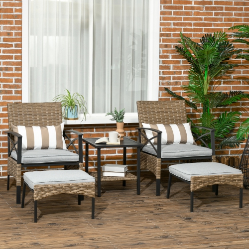 Outsunny 5 Piece PE Rattan Garden Furniture Set, 2 Armchairs,2 Stools, Steel Tabletop with Wicker Shelf, Padded Outdoor Seating, Khaki