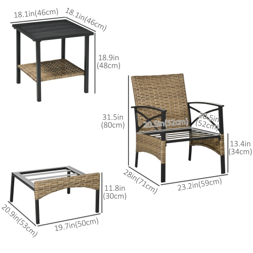Outsunny 5 Piece PE Rattan Garden Furniture Set, 2 Armchairs,2 Stools, Steel Tabletop with Wicker Shelf, Padded Outdoor Seating, Khaki