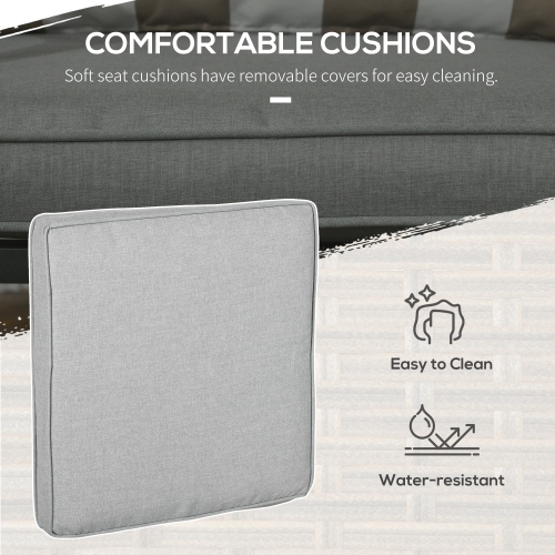 Outsunny 5 Piece PE Rattan Garden Furniture Set, 2 Armchairs,2 Stools, Steel Tabletop with Wicker Shelf, Padded Outdoor Seating, Khaki