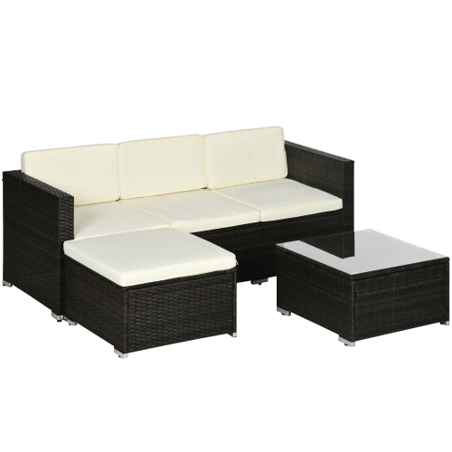 Image 1 of 9.. Outsunny 3 Pieces Patio Furniture Set with Cushions, Outdoor PE Rattan Wicker Conversation Corner Sofa Set with Glass Top Table and Adjustable Foot