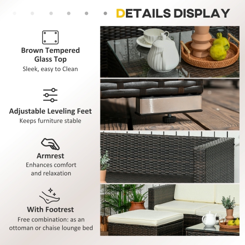 Outsunny 3 Pieces Patio Furniture Set with Cushions, Outdoor PE Rattan Wicker Conversation Corner Sofa Set with Glass Top Table and Adjustable Foot