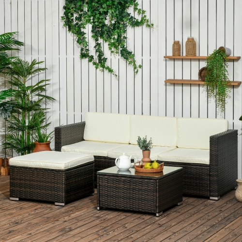 Outsunny 3 Pieces Patio Furniture Set with Cushions, Outdoor PE Rattan Wicker Conversation Corner Sofa Set with Glass Top Table and Adjustable Foot